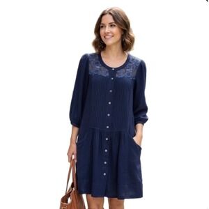 Anthropologie Tunic Dress Women Size 4 Navy Blue Lace Pintuck Button Front Rayon